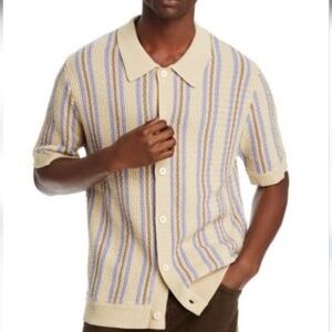 NN07 Jackie Striped Knit Stripes Shirt Tan Blue Short Sleeve Men's L